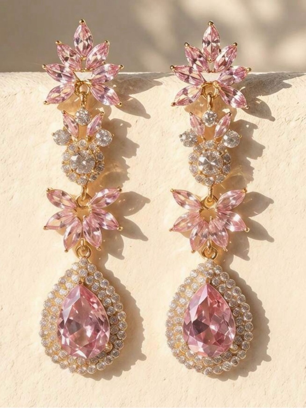 Pink CZ Floral Statement Earrings Gold Tone Teardrop Chandelier Earrings
